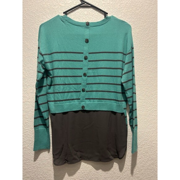 Halogen Sweater Womens L Green Gray Stripe Layered Pullover Crew Neck Cashmere - Picture 2 of 7